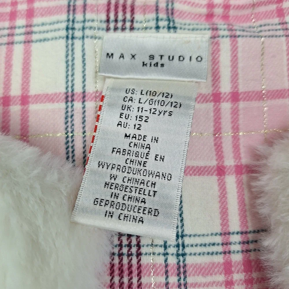 Max Studio Vest Girls Large 10/12 White Faux Fur Softest Ever Pink‎ Plaid Lining